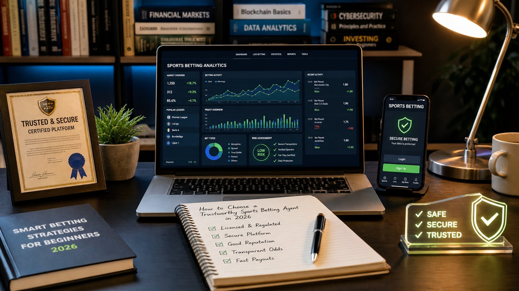 Meja kerja dengan laptop, ponsel, dan catatan yang menunjukkan analisis dan evaluasi platform taruhan bola online.