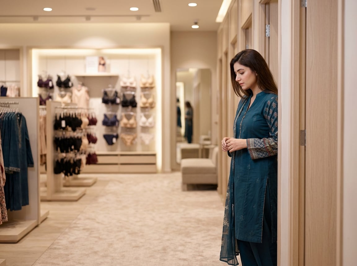 A Pakistani woman standing thoughtfully near a fitting room entrance in a clothing store, appearing hesitant and reflective.