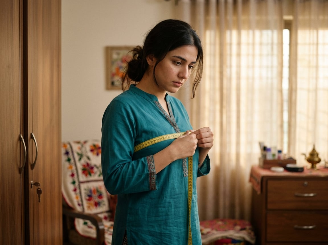 A Pakistani woman holding a measuring tape around her bust in a softly lit bedroom, looking thoughtful and reflective.