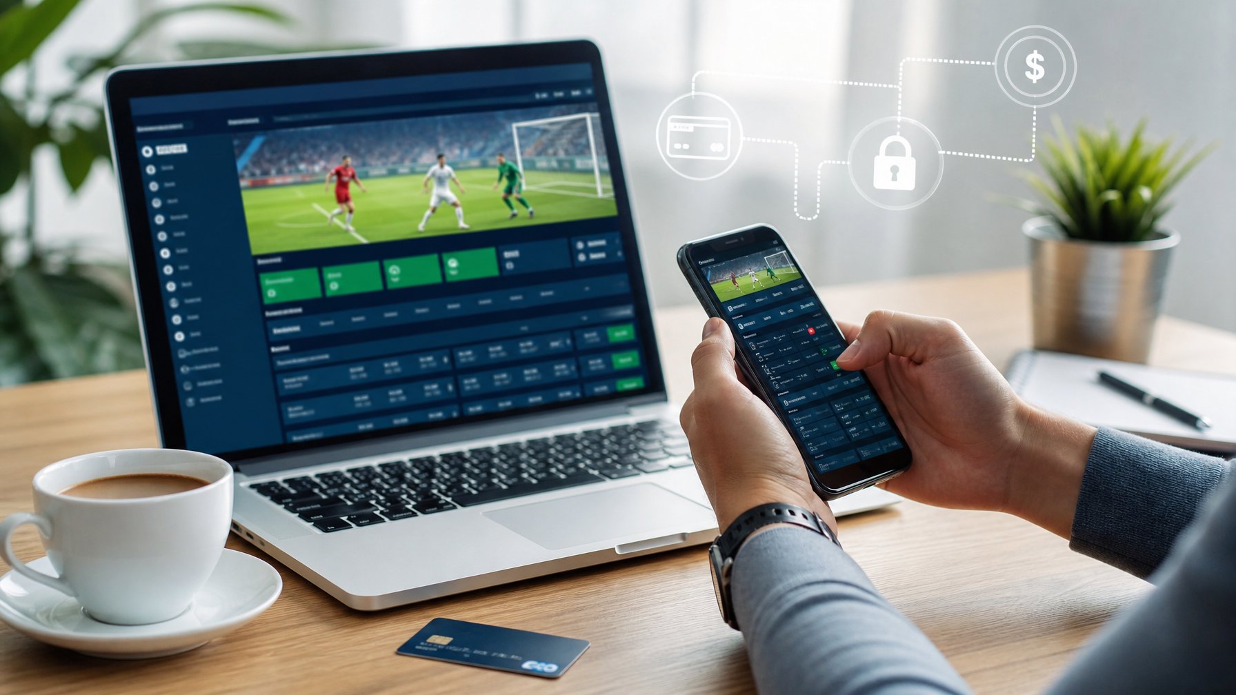 Seseorang menggunakan laptop dan ponsel di meja kerja dengan kartu kredit dan secangkir kopi, menampilkan aktivitas taruhan bola online.