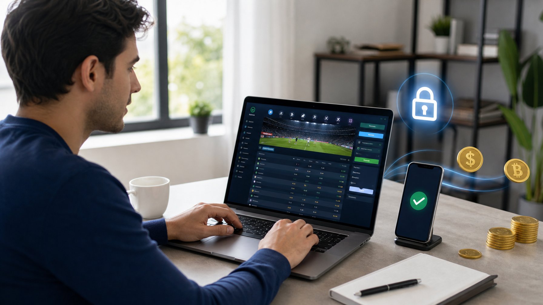 Seseorang sedang mendaftar akun bandar bola online menggunakan laptop di meja kerja dengan suasana ruangan yang terang dan rapi.