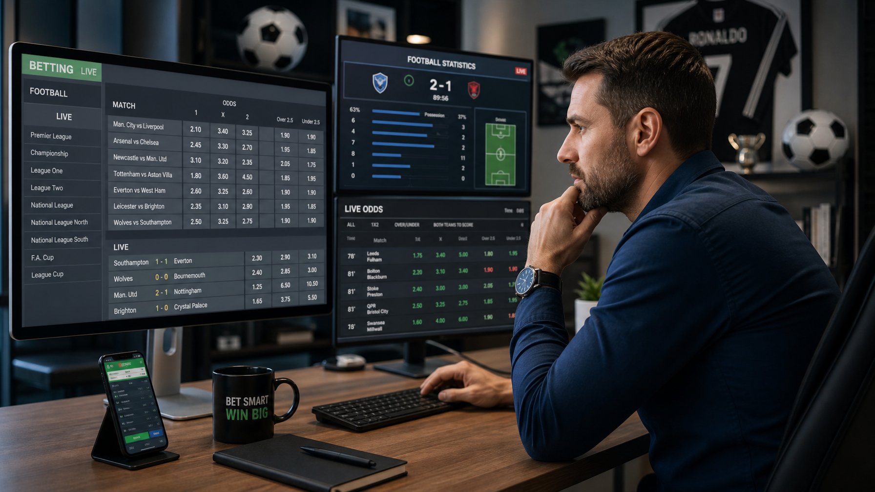 Seorang pria dewasa duduk di meja dengan beberapa layar komputer yang menampilkan statistik pertandingan sepak bola dan peluang taruhan.
