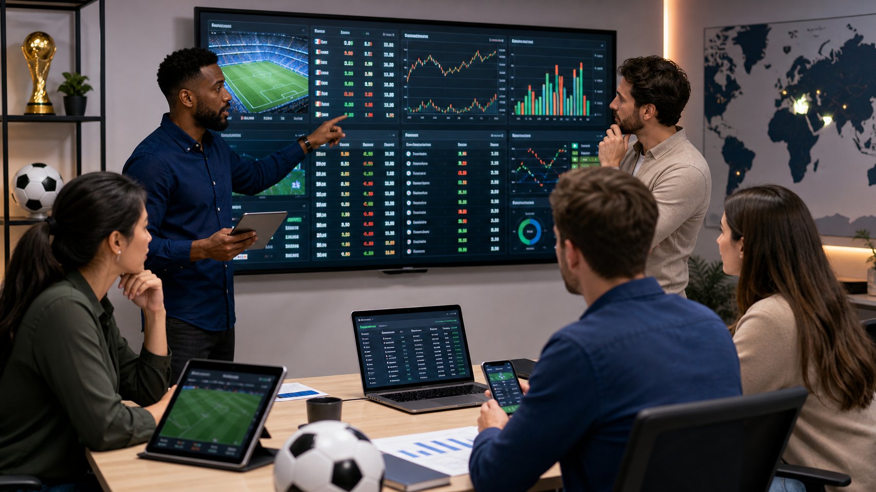 Sekelompok orang sedang berdiskusi di kantor modern dengan layar digital menampilkan statistik dan peluang taruhan sepak bola.