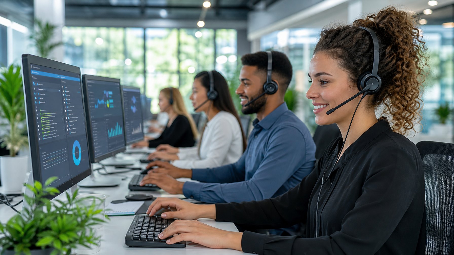 Tim layanan pelanggan sedang bekerja dengan headset di kantor modern yang terang dan profesional.