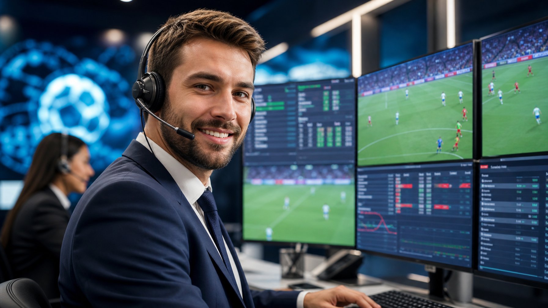 Seorang petugas layanan pelanggan dengan headset sedang bekerja di depan komputer dengan layar menampilkan pertandingan sepak bola dan data taruhan secara langsung di kantor modern.