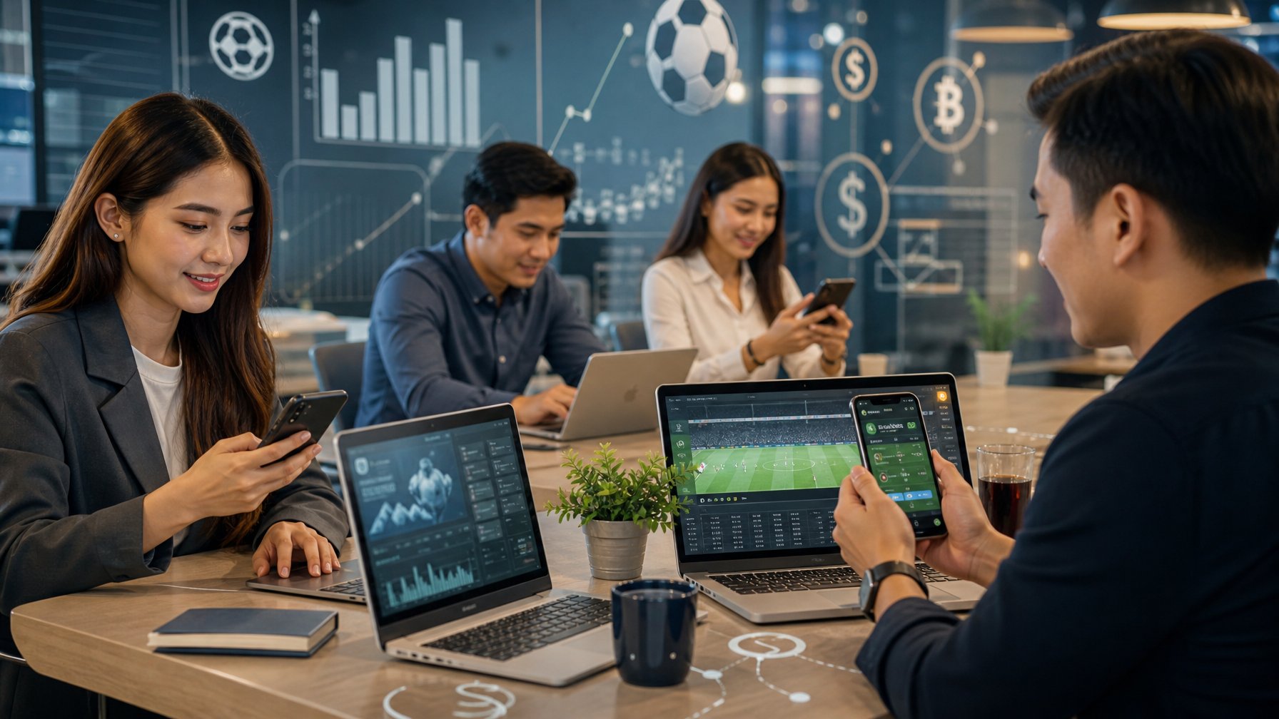 Sekelompok orang muda menggunakan laptop dan ponsel di kantor modern dengan tampilan aplikasi taruhan olahraga dan pembayaran digital.