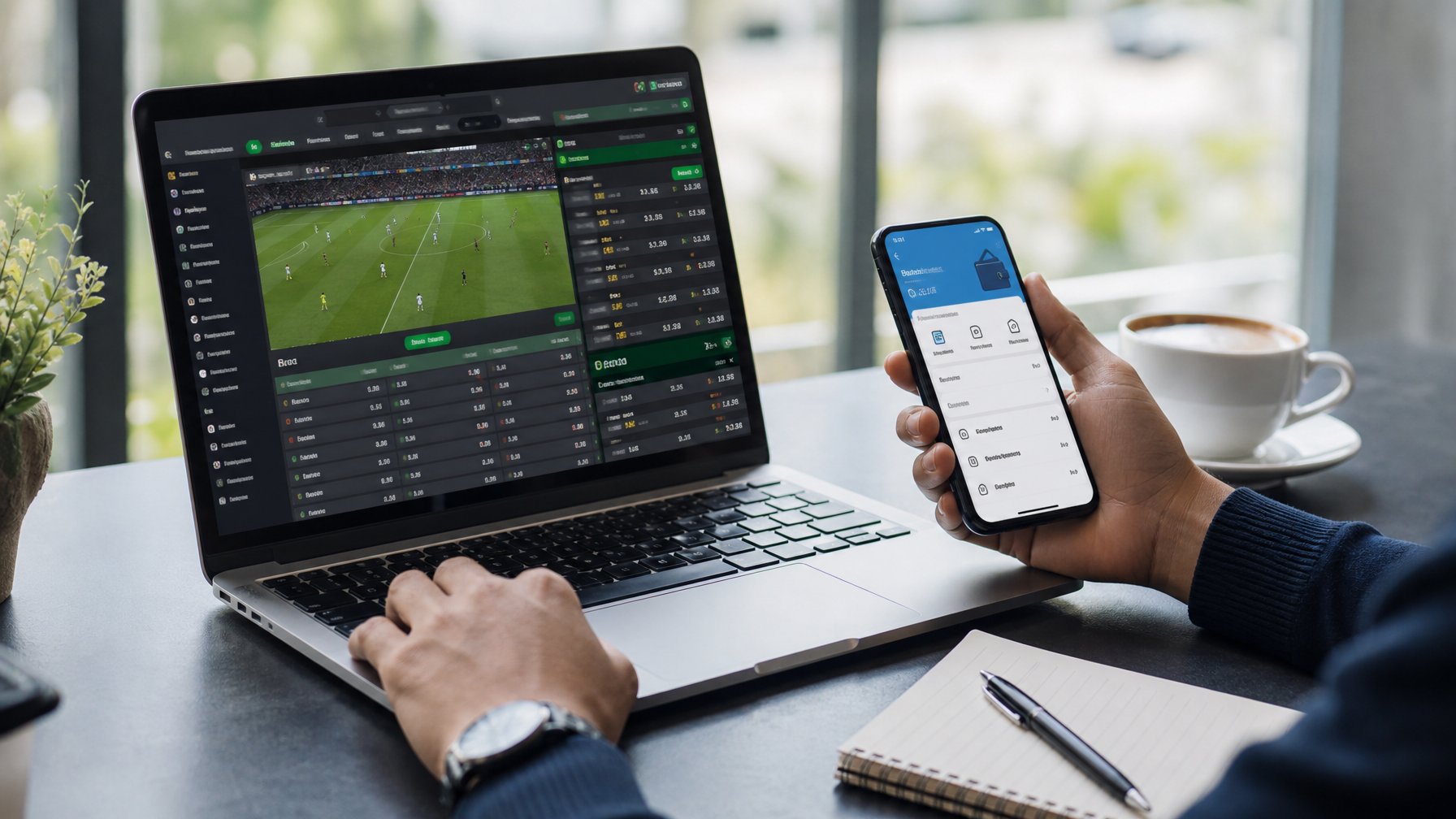 Seorang pria menggunakan laptop dan ponsel di meja kerja untuk memasang taruhan bola secara online dengan suasana yang tenang dan profesional.