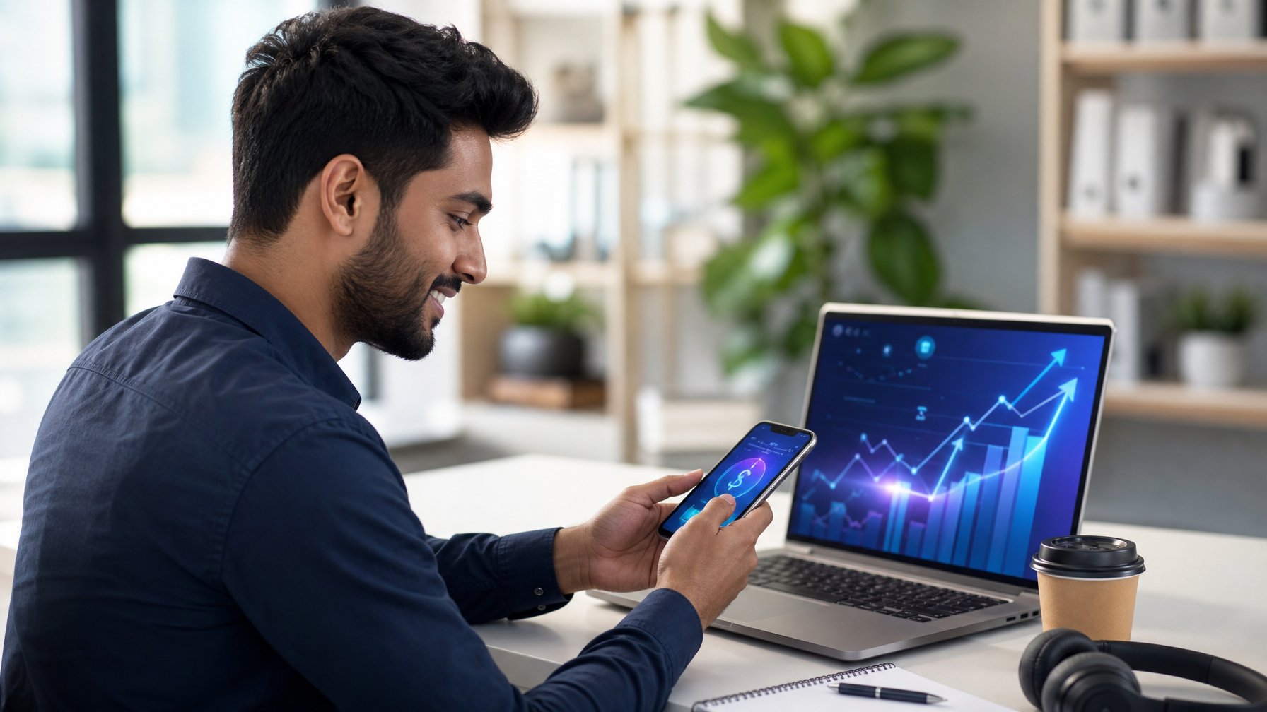 Seseorang sedang menggunakan laptop dan ponsel di meja kerja dengan latar kantor yang cerah.