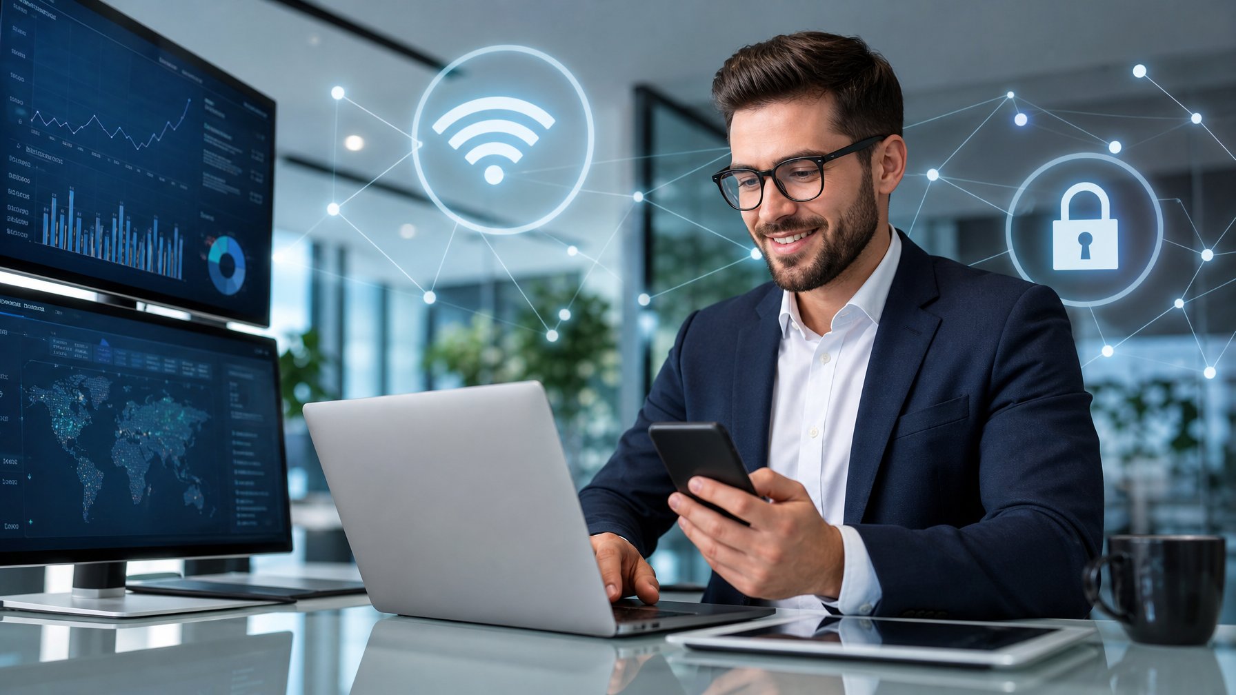 Seorang profesional menggunakan laptop dan ponsel di kantor modern dengan layar menampilkan data digital dan simbol koneksi internet.