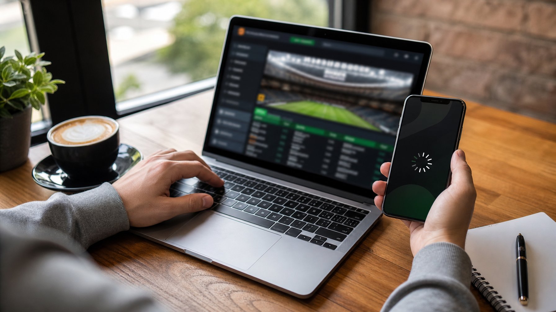 Sebuah meja kerja modern dengan laptop dan ponsel yang sedang digunakan oleh seseorang, menampilkan suasana akses situs bandar bola resmi tanpa hambatan internet.