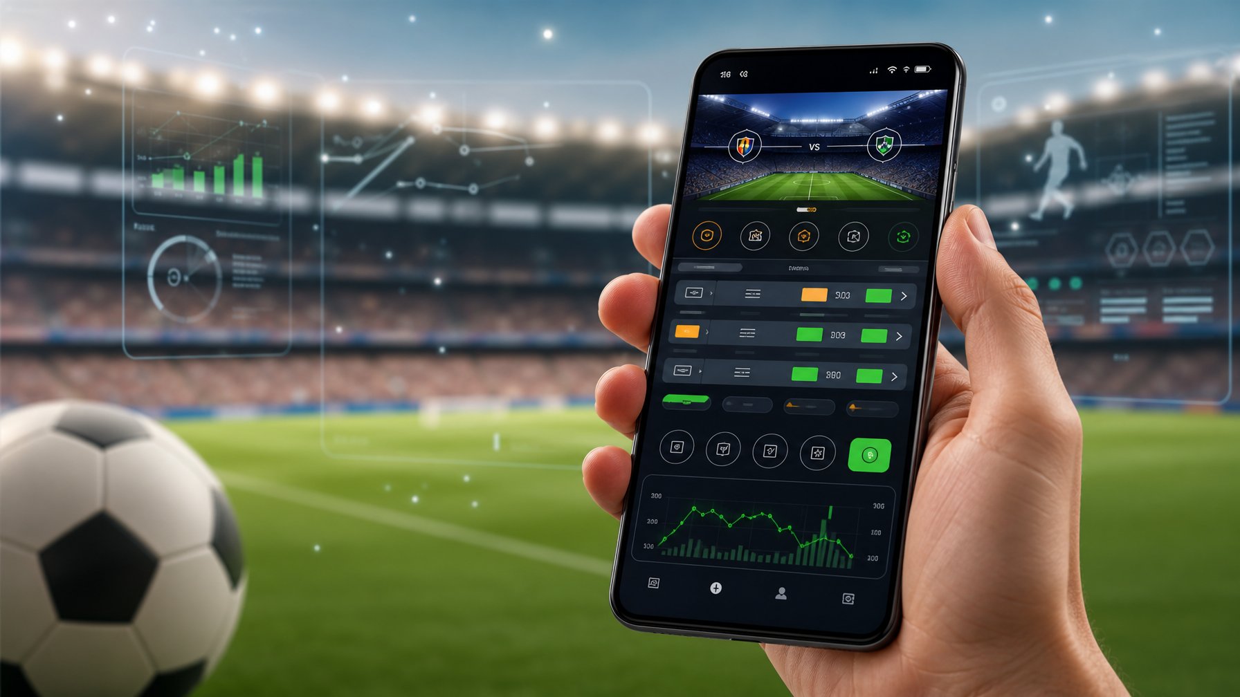 Smartphone menampilkan aplikasi taruhan sepak bola dengan latar belakang stadion dan bola sepak bola.