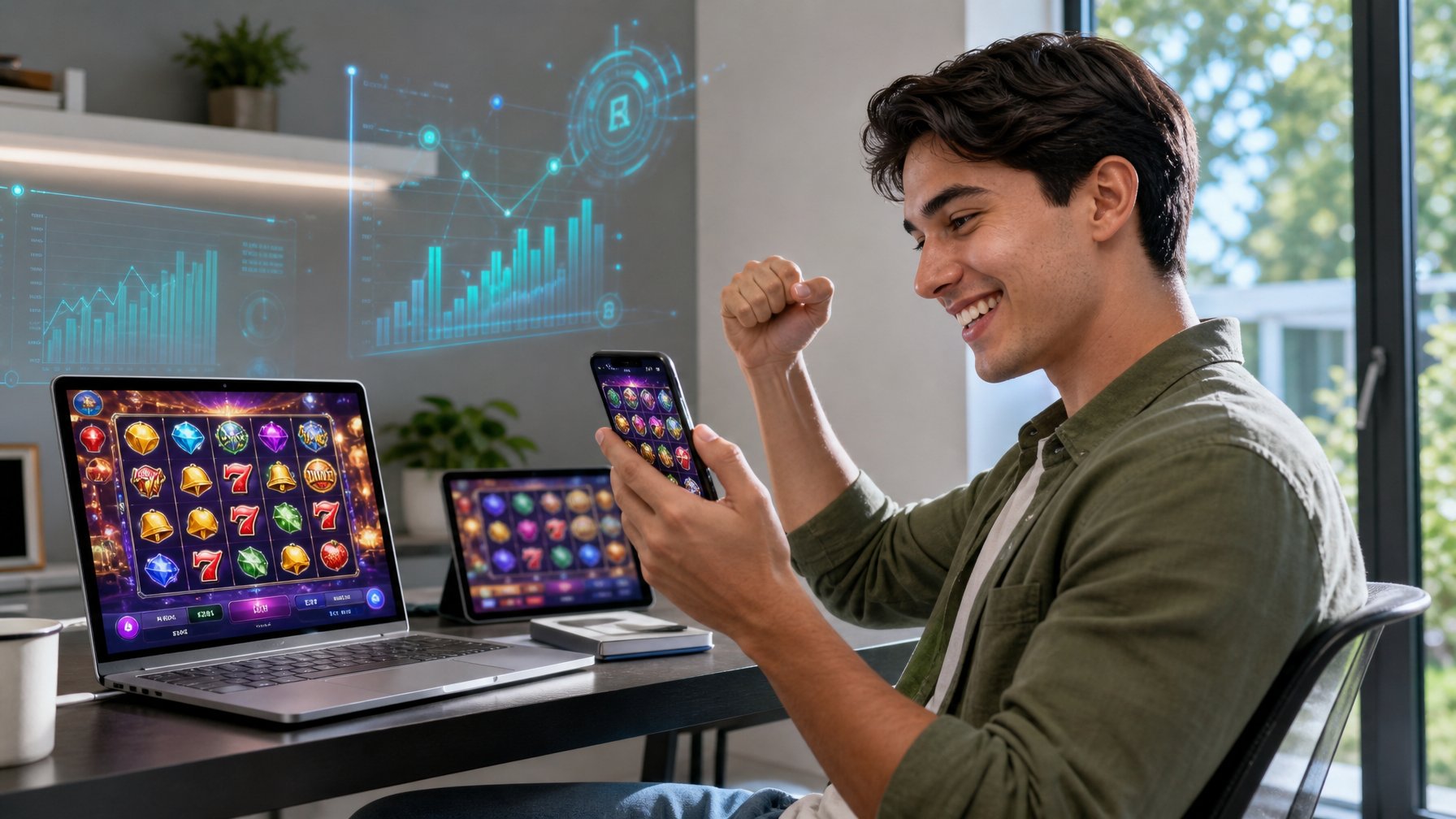 Seseorang duduk di meja kerja dengan laptop dan ponsel yang menampilkan permainan slot online, terlihat fokus dan percaya diri di ruang kerja modern.