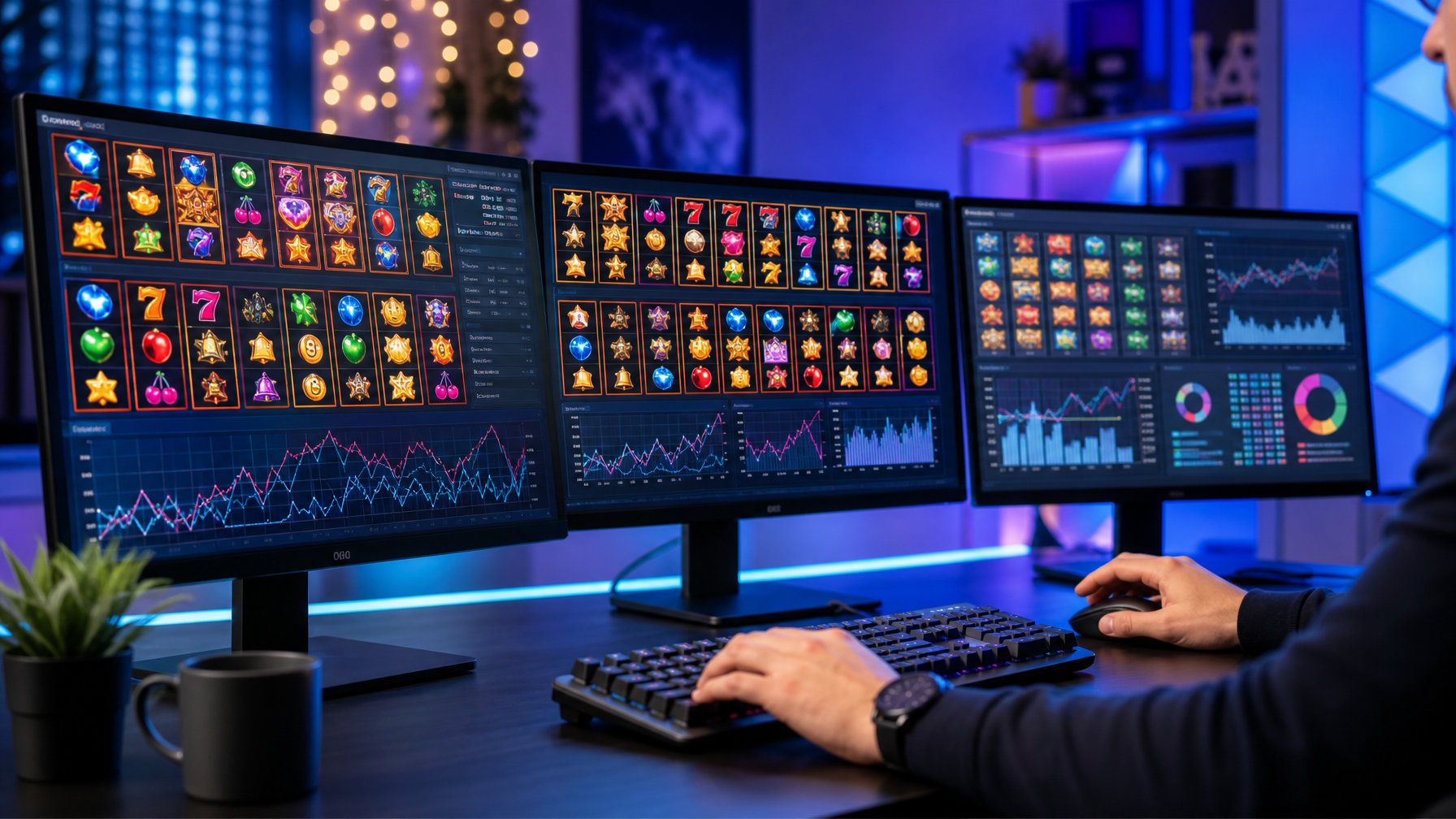 Meja kerja modern dengan beberapa monitor menampilkan pola mesin slot dan grafik data, tangan seseorang sedang menggunakan keyboard dan mouse.