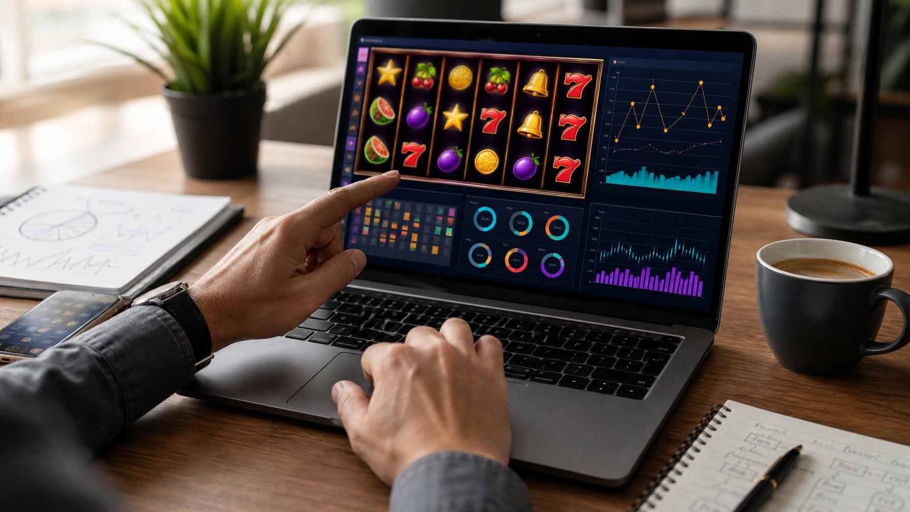 Seseorang sedang menggunakan laptop dengan tampilan permainan slot online dan grafik pola di layar, di meja kerja dengan catatan dan kopi.
