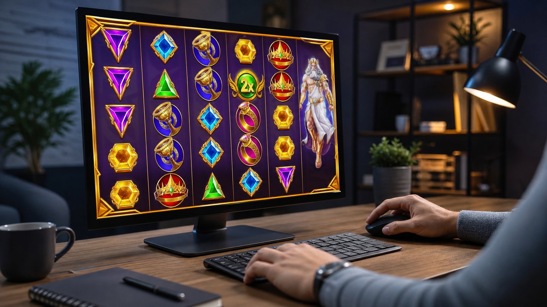 Seseorang sedang bermain game slot online di komputer dengan layar menampilkan grafik permainan yang berwarna-warni di ruang kerja yang nyaman.