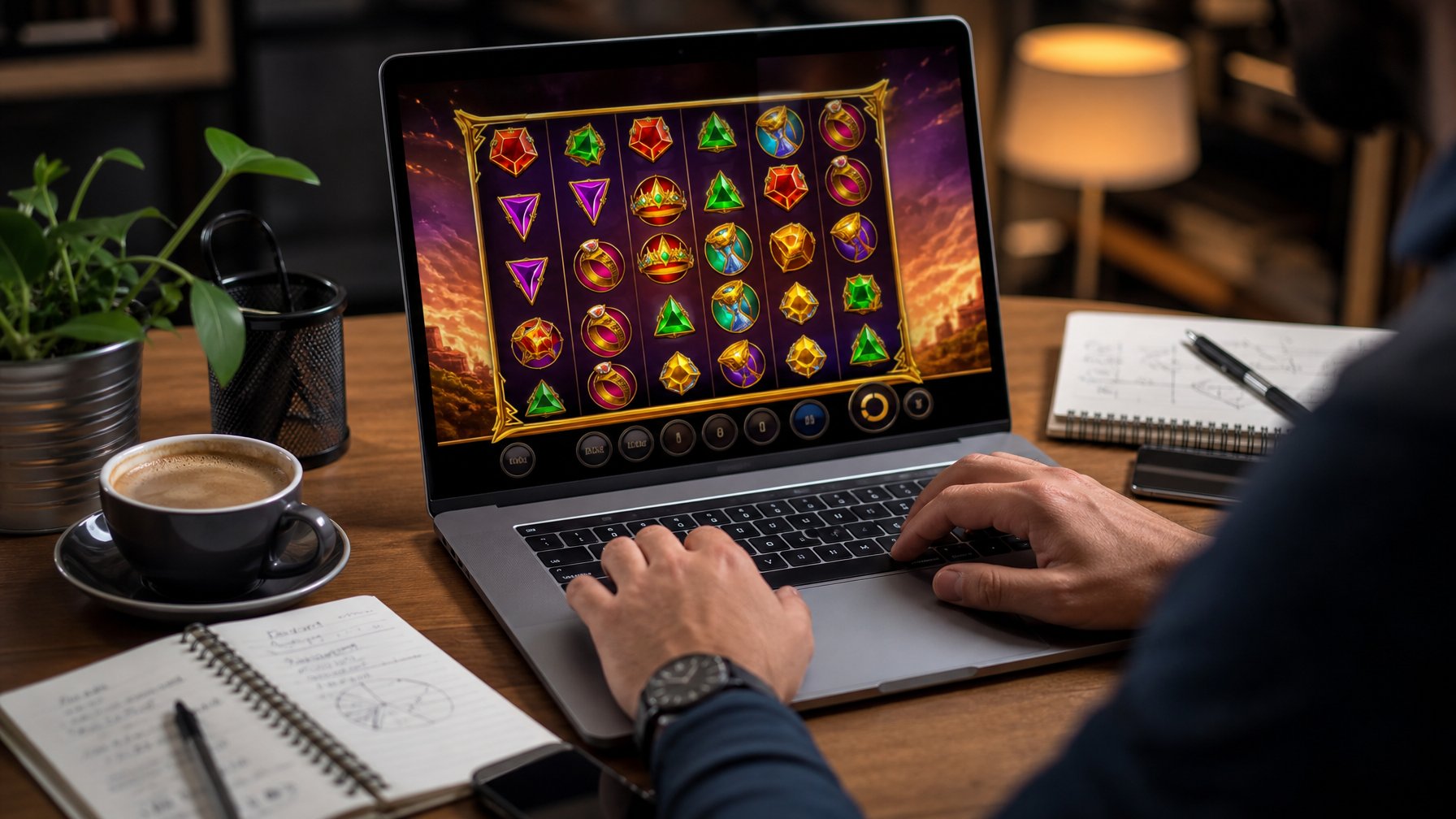Seseorang bermain slot online di laptop dengan tangan aktif dan meja kerja berisi catatan, ponsel, dan kopi.