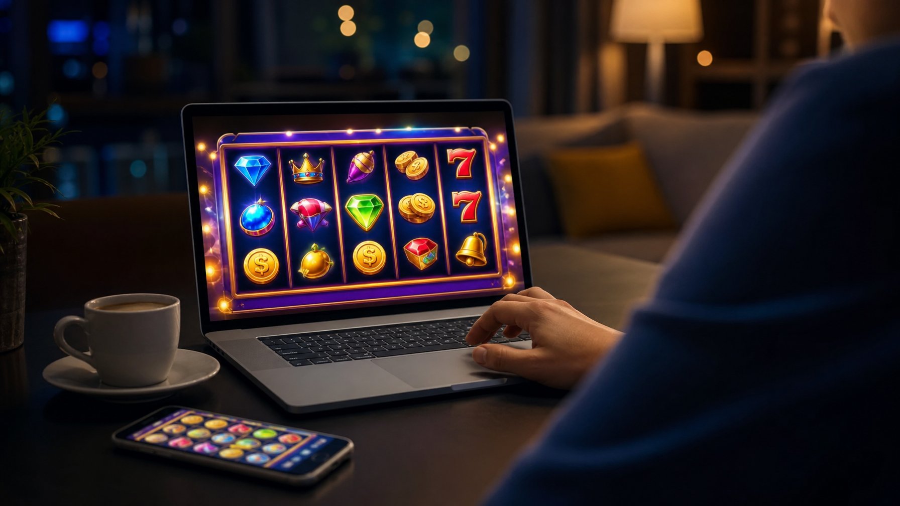 Seseorang sedang bermain permainan slot online di laptop di dalam ruangan dengan pencahayaan hangat pada malam hari.