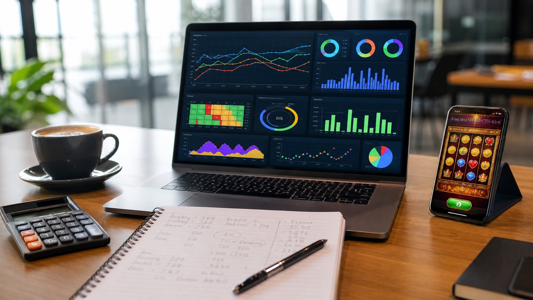 Meja kerja dengan laptop menampilkan grafik statistik permainan slot online, ponsel dengan tampilan permainan, buku catatan dengan perhitungan, dan secangkir kopi.