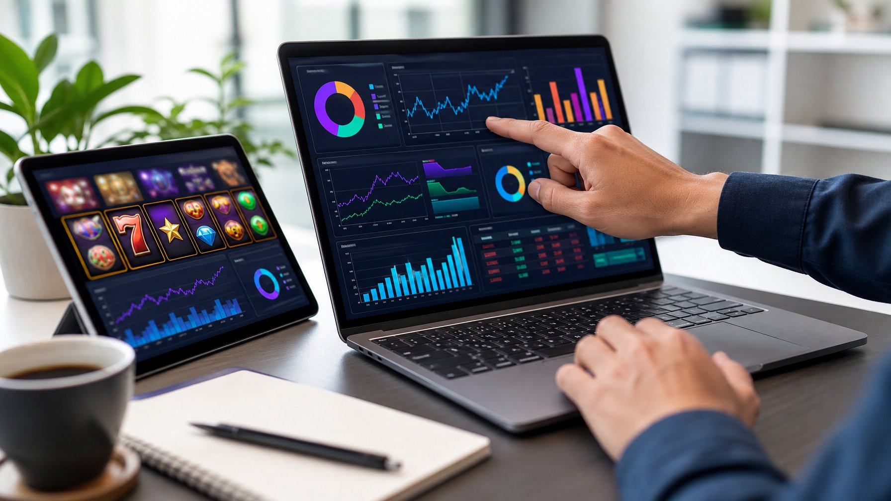 Meja kerja dengan laptop dan tablet yang menampilkan grafik dan data analisis permainan slot online, dengan tangan seseorang menunjuk ke layar di ruang kantor yang terang.