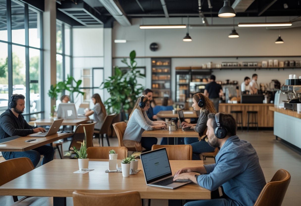 Interior of a coffee shop with people working on laptops at tables near large windows.