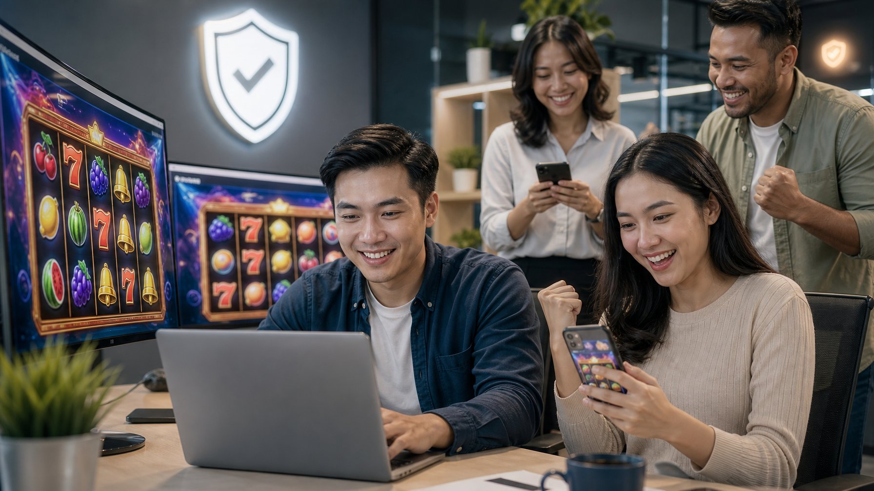 Orang-orang menggunakan komputer dan ponsel untuk bermain permainan slot online di lingkungan kantor yang modern dan terpercaya.