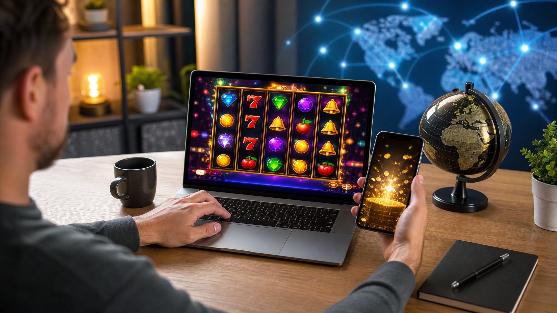 Seseorang menggunakan laptop dengan tampilan permainan slot online di ruang kerja yang terang dan modern.