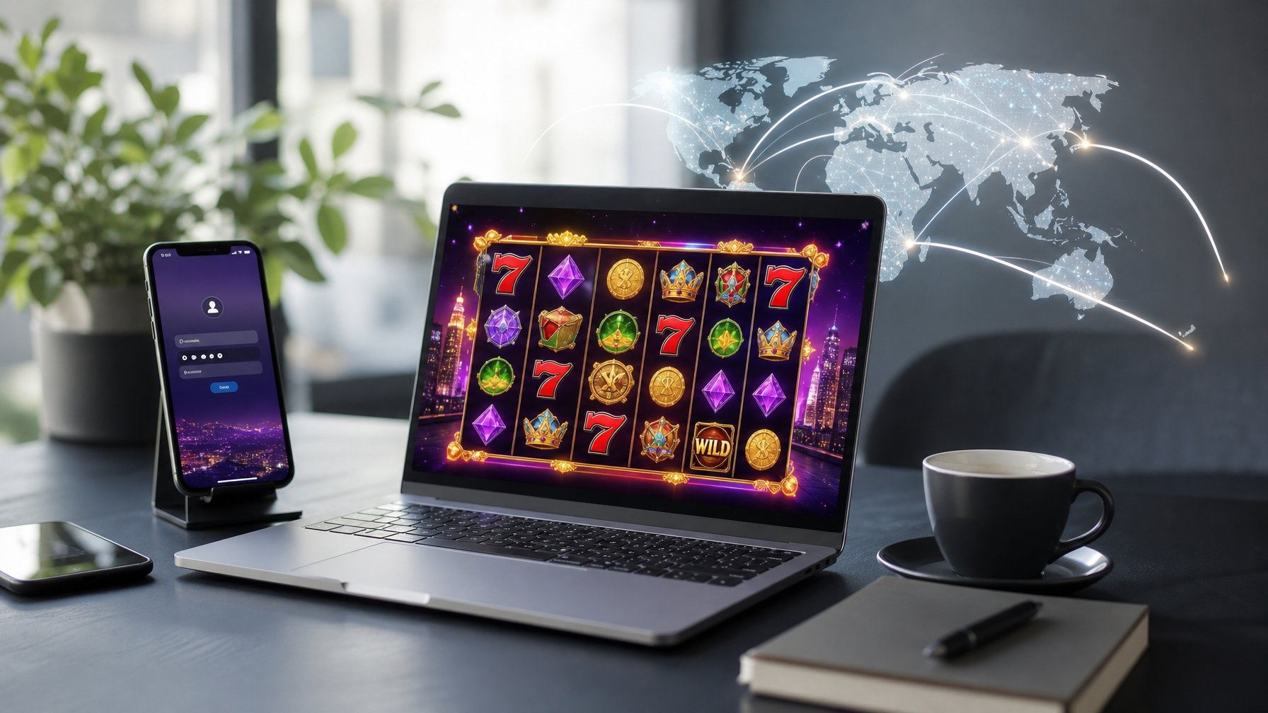 Sebuah ruang kerja modern dengan laptop yang menampilkan permainan slot online berwarna-warni dan elemen digital yang menunjukkan koneksi server luar negeri.
