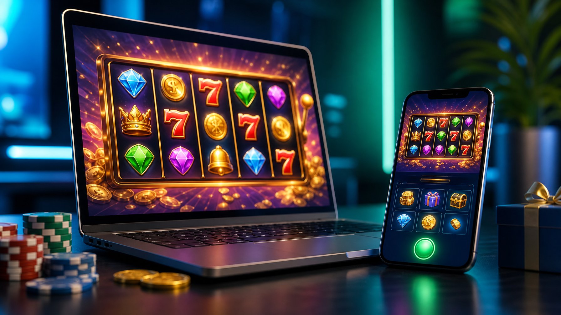 Seorang pengguna bermain permainan slot online di laptop dan ponsel dengan latar belakang teknologi modern.