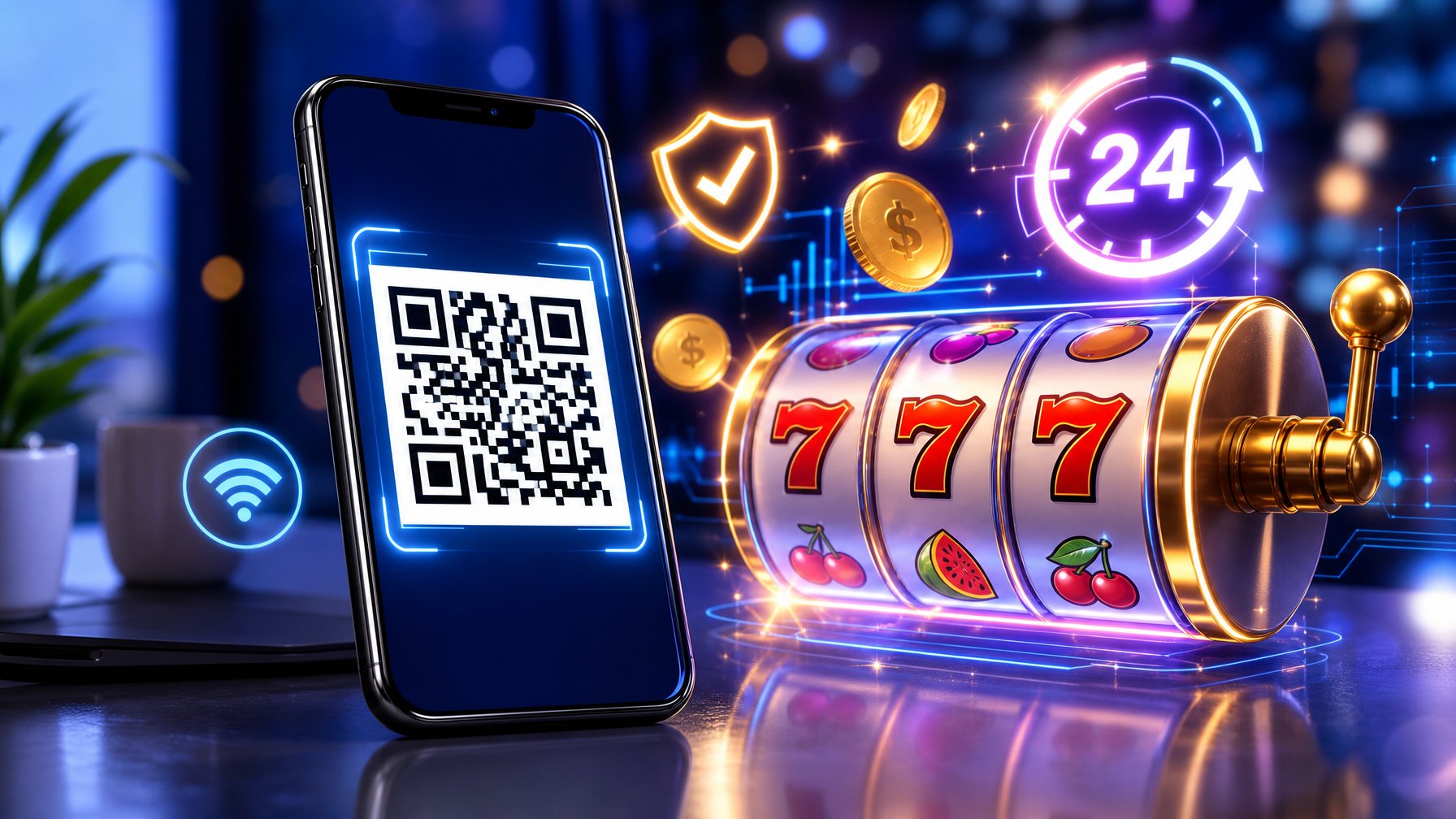 Smartphone menampilkan kode QR di atas meja dengan ikon mesin slot digital di latar belakang, menggambarkan pembayaran dan permainan slot online yang mudah dan aman.