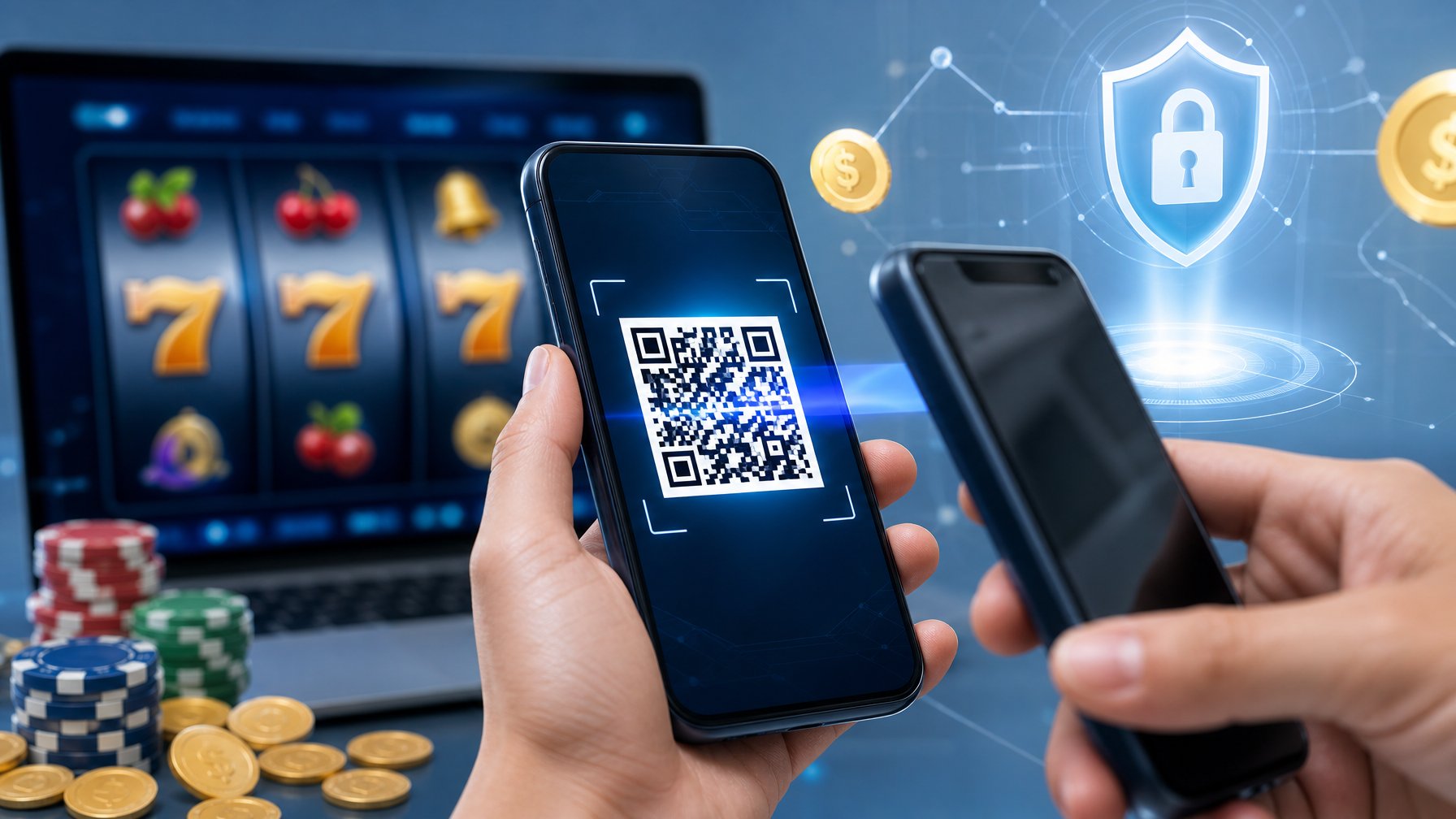 Seseorang memindai kode QR di layar ponsel dengan latar belakang simbol permainan slot dan elemen digital.