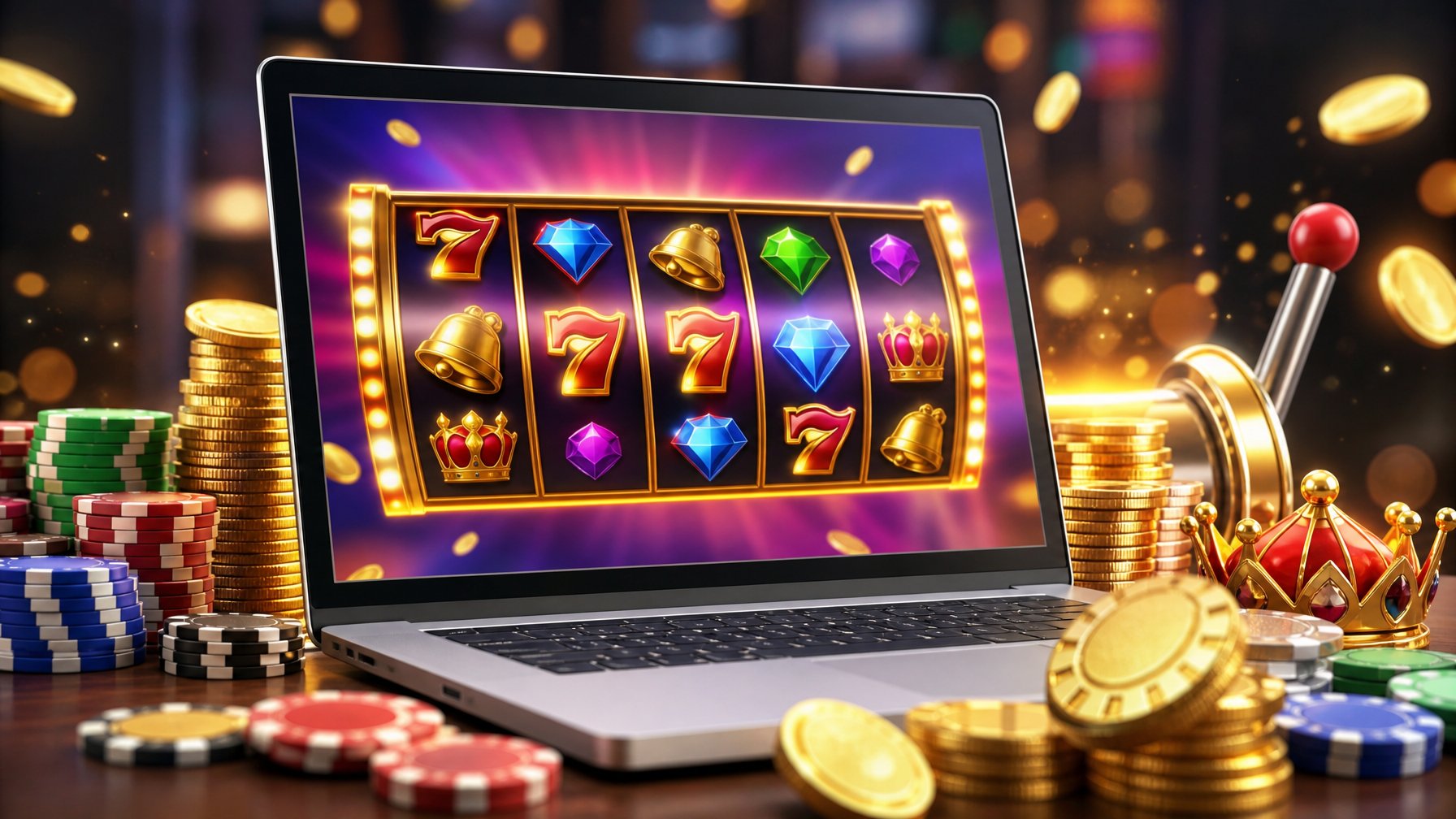 Layar komputer menampilkan permainan slot online dengan simbol jackpot dan tumpukan koin di sekitarnya.