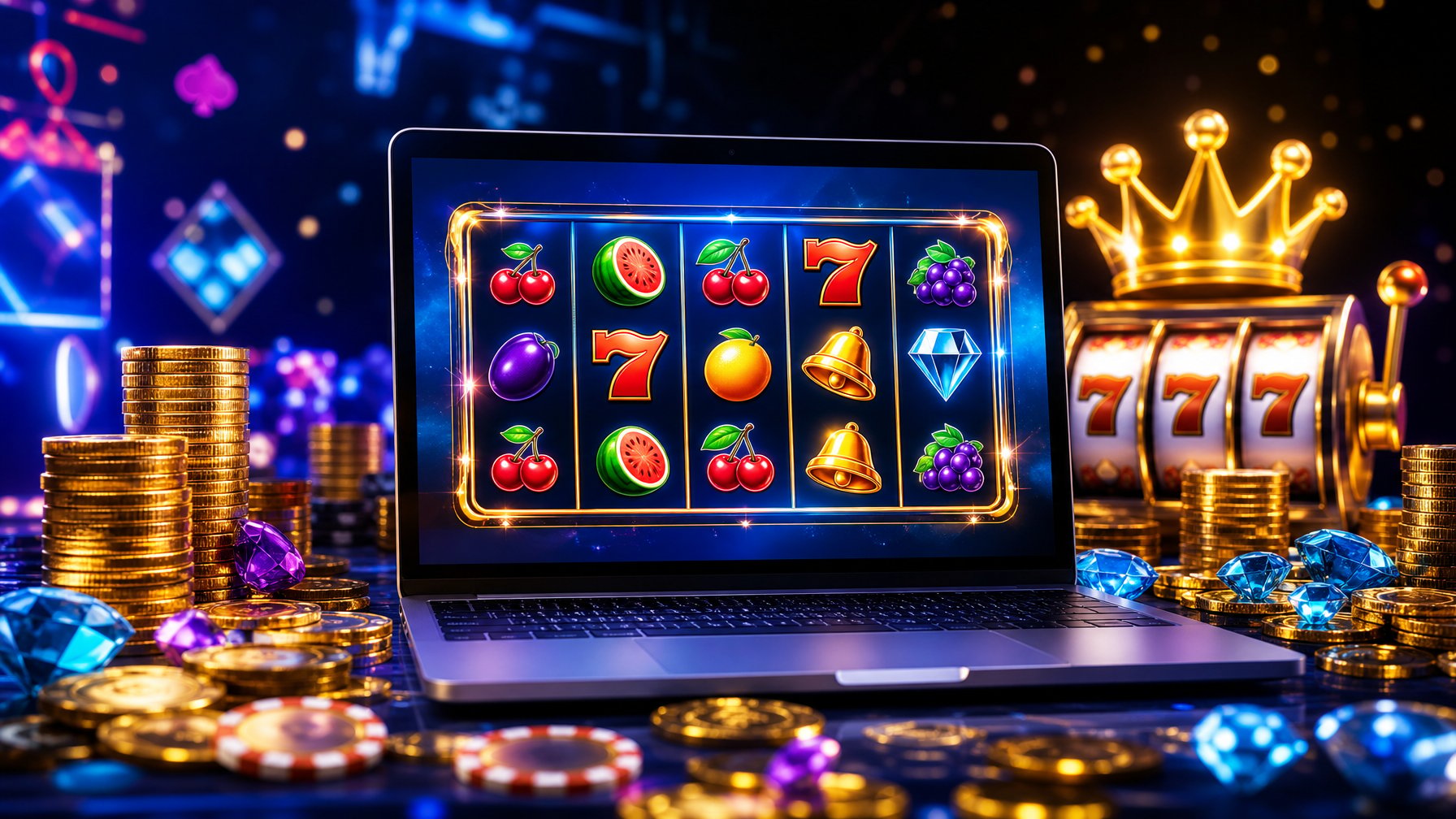 Layar komputer menampilkan permainan slot online dengan simbol warna-warni dan tumpukan koin emas di sekitarnya.