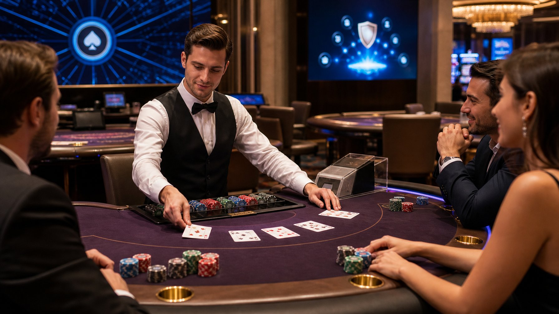 Seorang dealer blackjack yang rapi melayani pemain di meja kasino modern dengan chip dan kartu terlihat jelas.