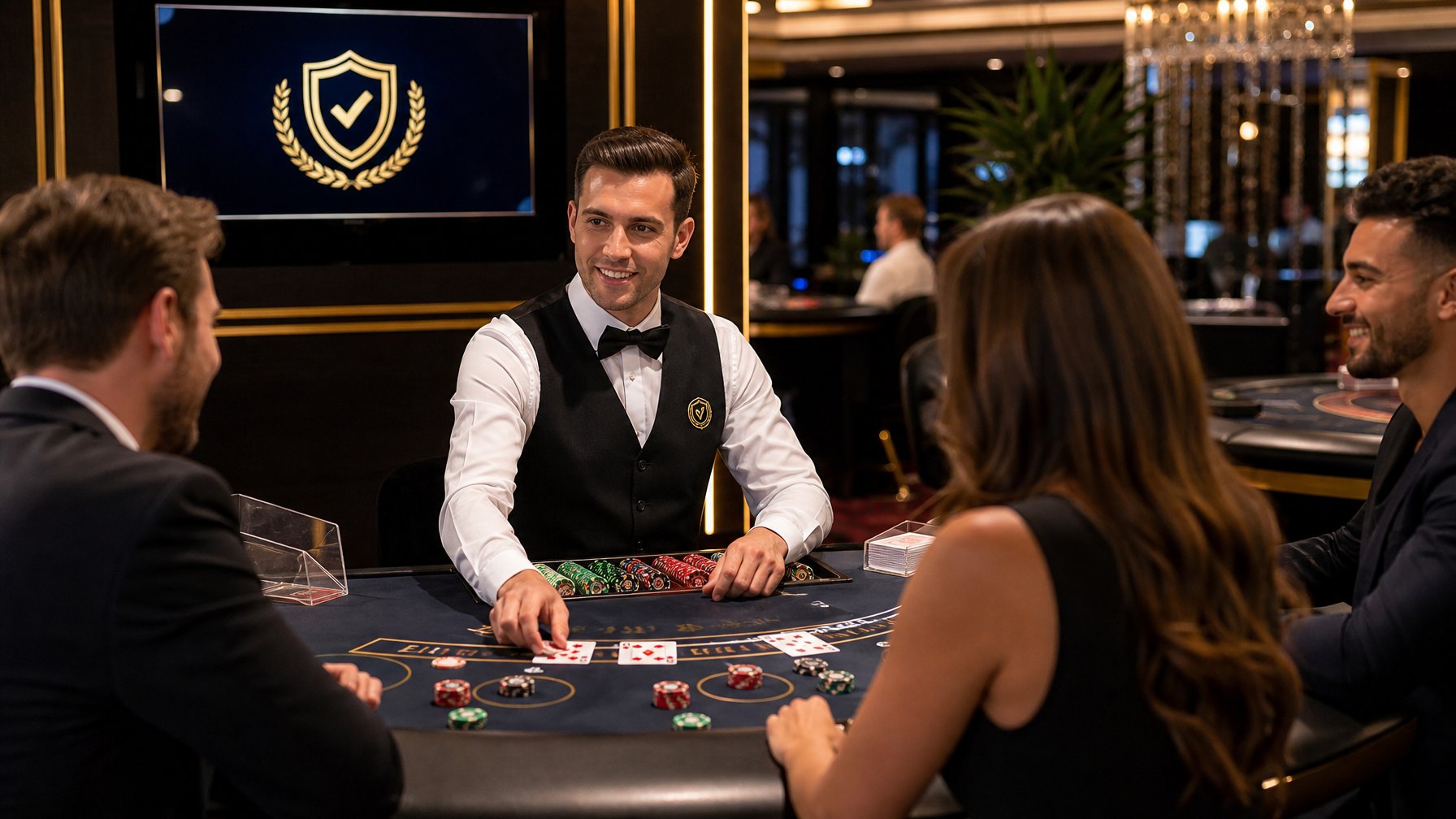Seorang dealer blackjack profesional membagikan kartu kepada pemain di meja kasino yang terang dan modern.