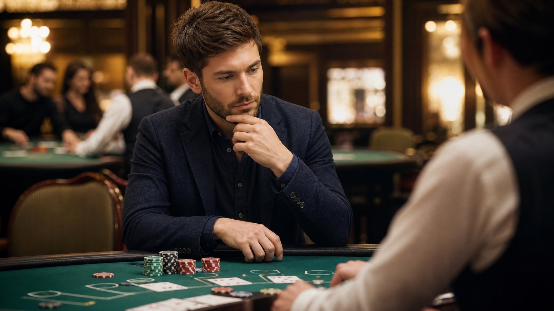 Seorang pria muda duduk di meja blackjack di kasino, terlihat fokus memilih kartu dengan suasana kasino yang mewah dan aman.