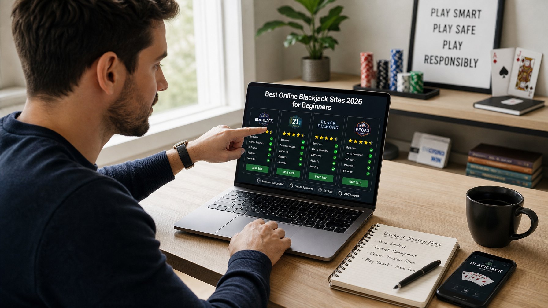 Seorang pria muda duduk di meja kerja dengan laptop, memeriksa situs blackjack online dengan fokus dan serius.