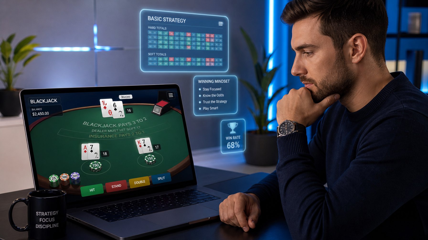 Seorang pemain berpakaian rapi sedang bermain blackjack online di laptop dengan tampilan meja kartu dan chip digital di layar.