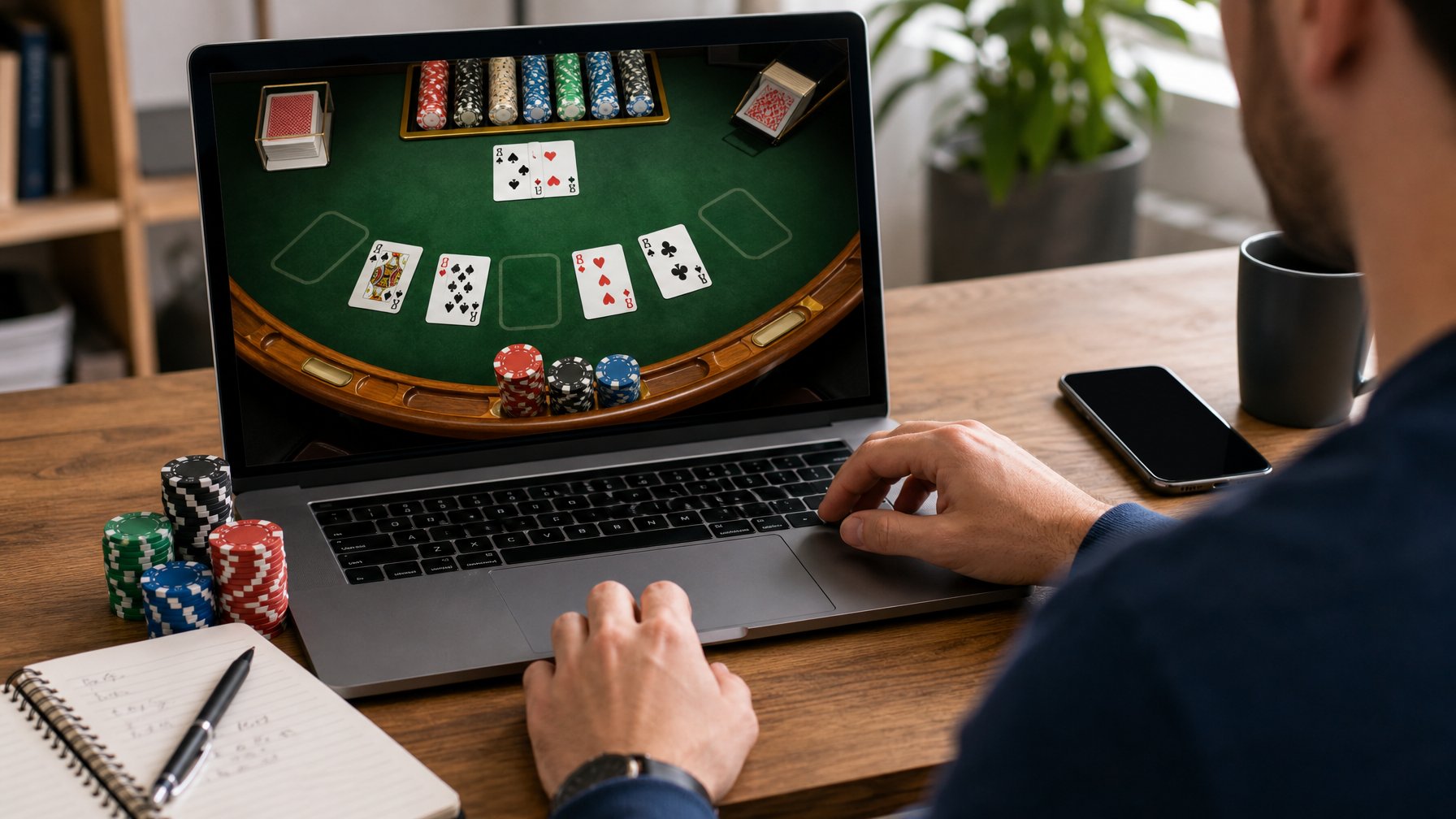 Seseorang bermain blackjack online di komputer dengan kartu dan chip di meja, di ruang kerja yang terang dan rapi.