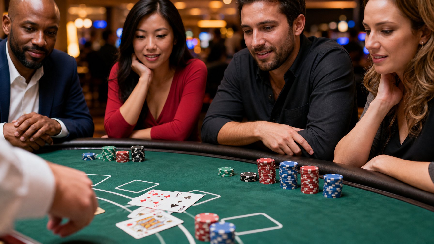 Meja blackjack di kasino dengan taruhan kecil dan pemain yang fokus bermain.