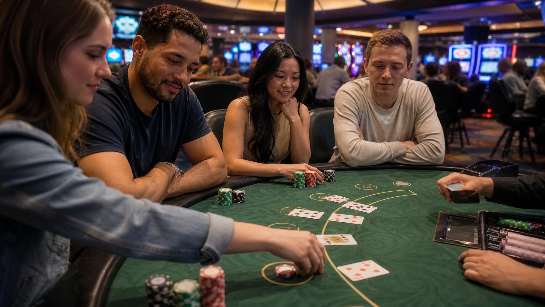 Meja blackjack di kasino dengan tumpukan chip taruhan kecil dan kartu yang dibagikan, dikelilingi pemain yang fokus bermain.