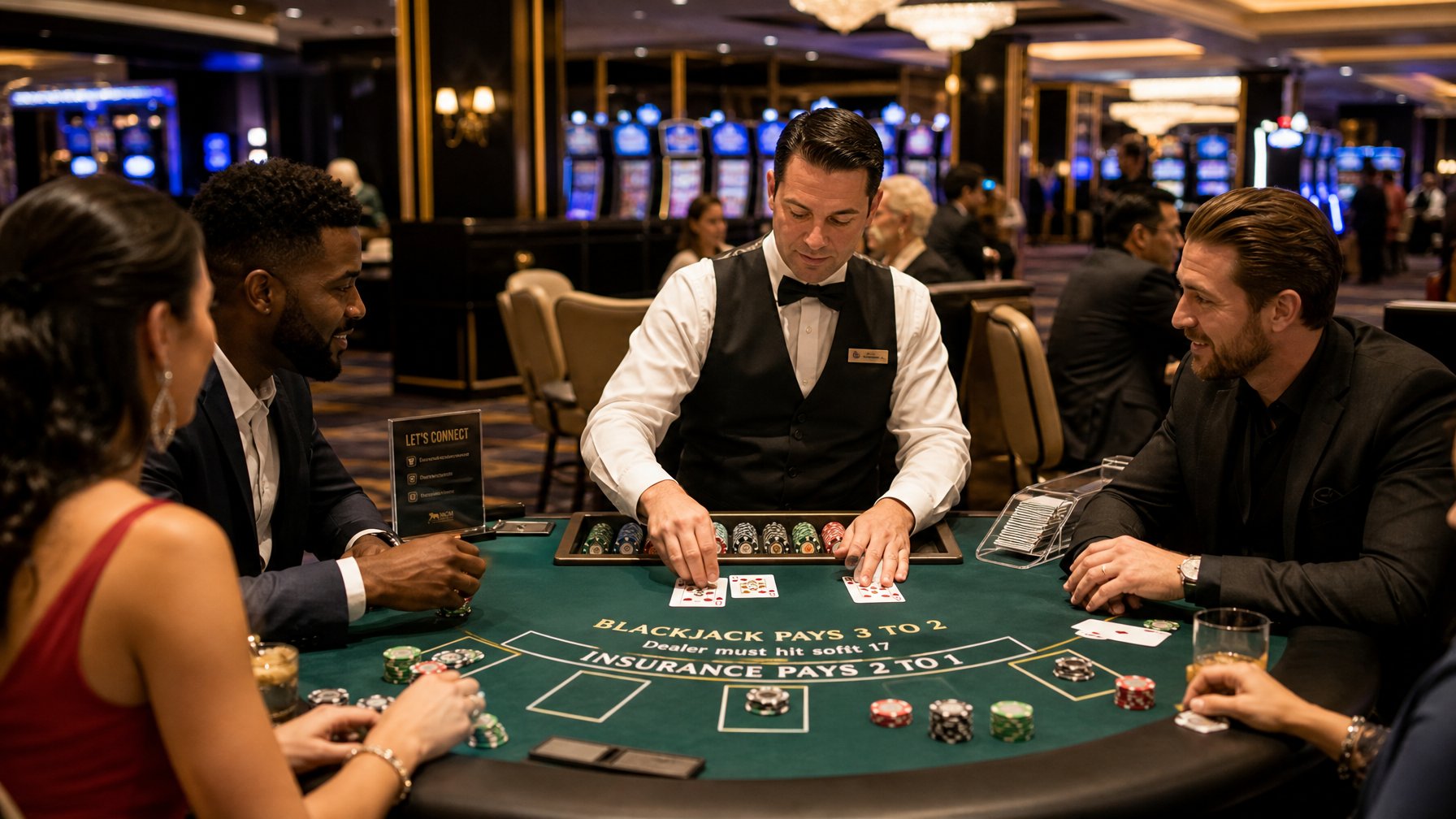 Meja blackjack di kasino dengan dealer dan pemain yang sedang bermain kartu, suasana mewah dan pencahayaan lembut.