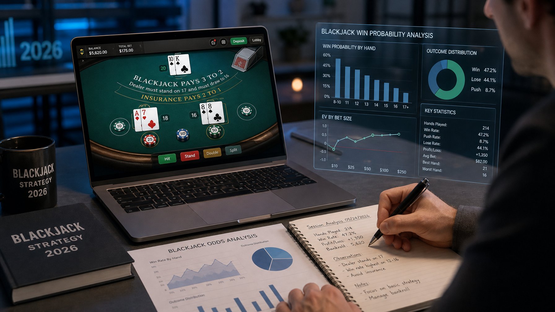 Seorang pria sedang menganalisis peluang menang blackjack online di depan laptop dengan meja blackjack digital dan catatan statistik.