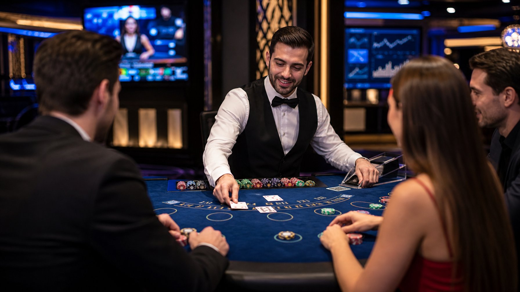 Seorang dealer blackjack berbusana rapi sedang membagikan kartu kepada pemain di meja kasino yang modern dan ramai.