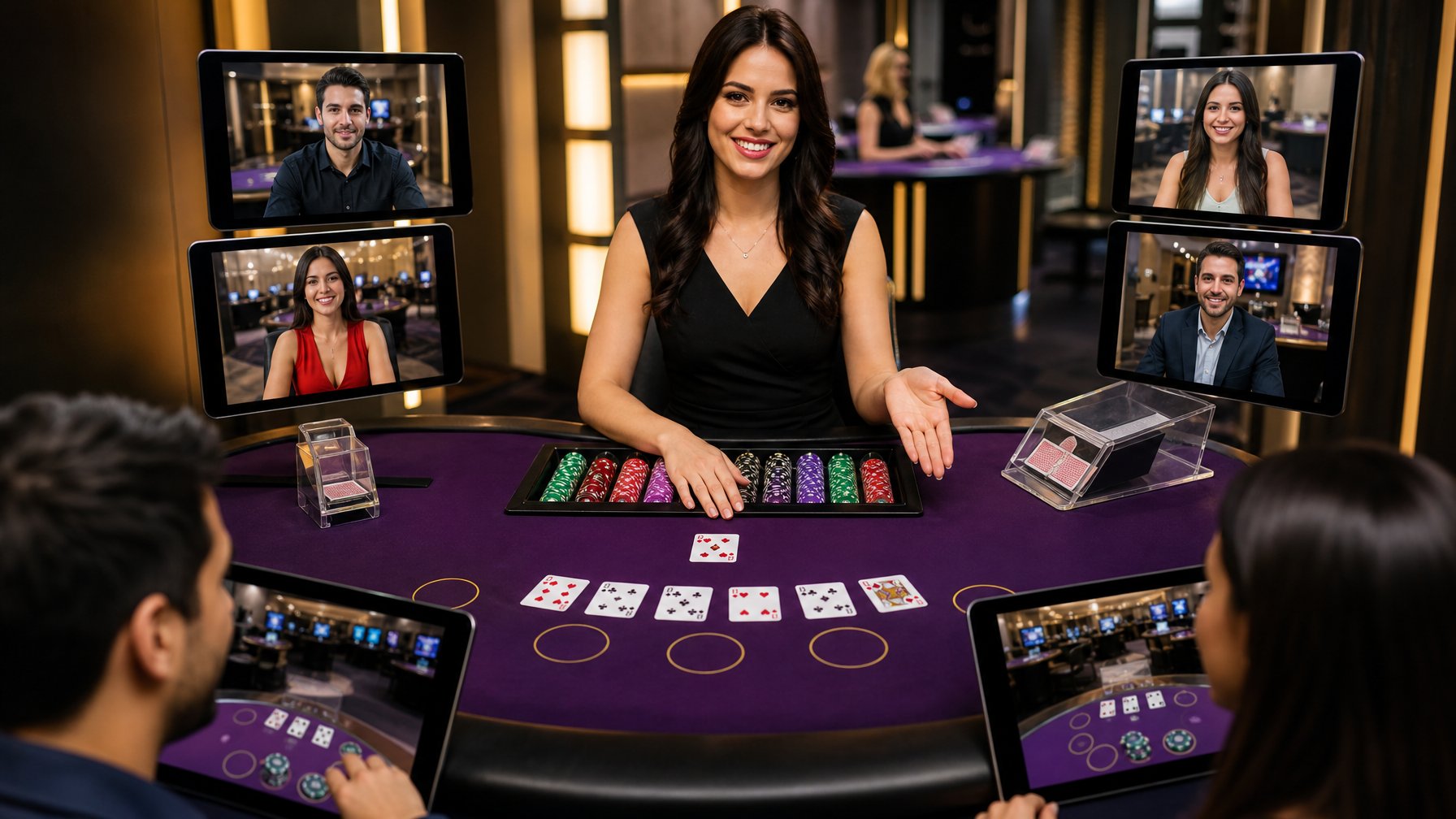 Seorang dealer blackjack profesional sedang berinteraksi dengan pemain melalui perangkat digital di meja kasino yang modern dan terang.