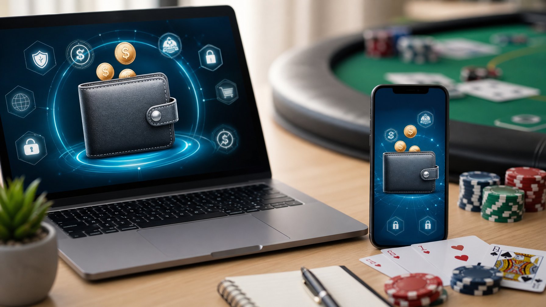 Seorang pengguna menggunakan dompet digital pada perangkat untuk melakukan deposit rendah di permainan blackjack online.