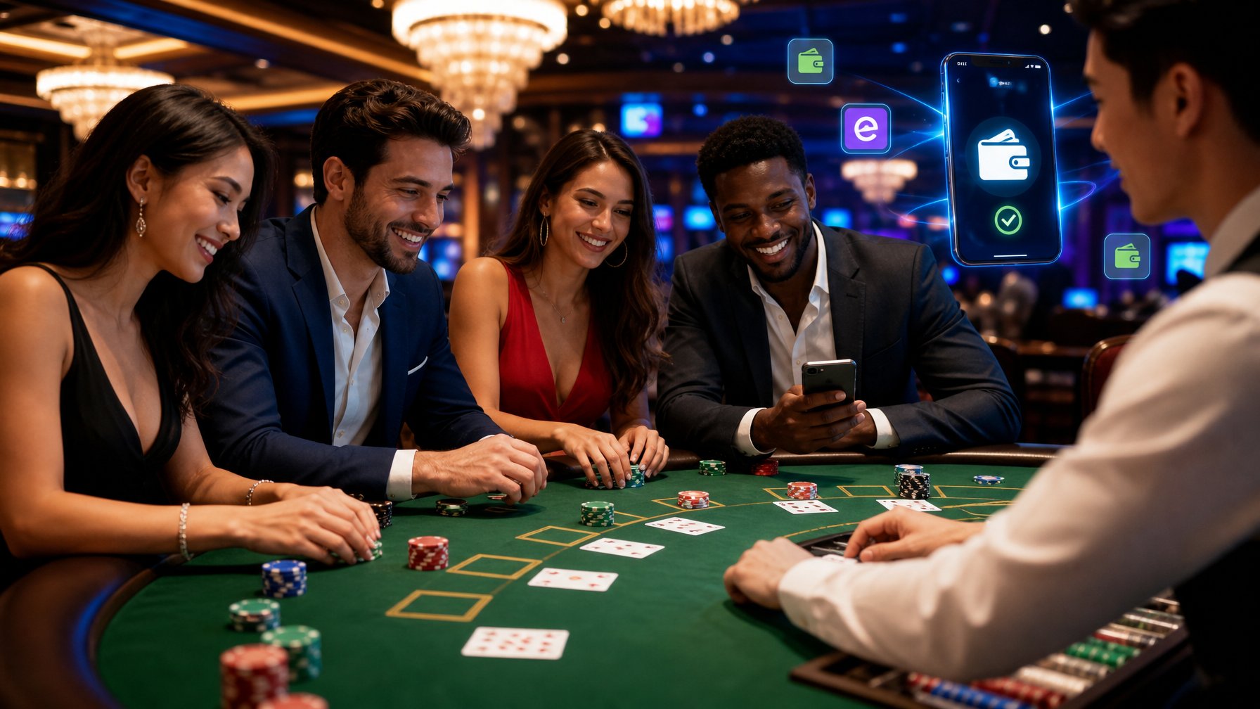 Beberapa pemain berjudi di meja blackjack dengan kartu dan chip, di latar belakang terlihat perangkat digital untuk pembayaran dompet elektronik.