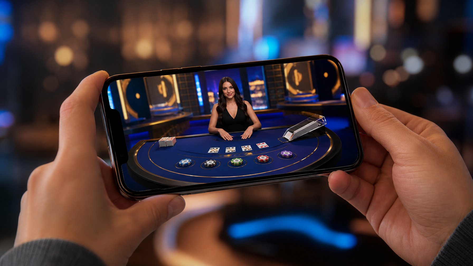 Sebuah ponsel modern menampilkan permainan blackjack online dengan antarmuka yang jelas dan ramah pengguna di lingkungan kasino.