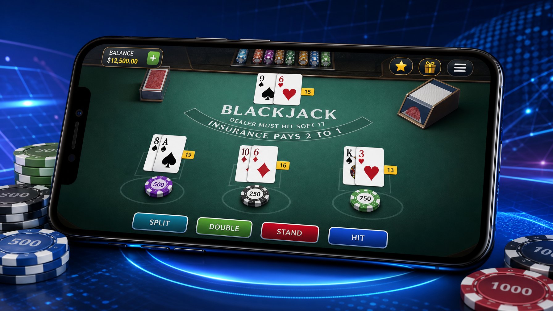 Sebuah ponsel modern menampilkan permainan blackjack online dengan kartu dan chip berwarna cerah, dikelilingi elemen teknologi futuristik.
