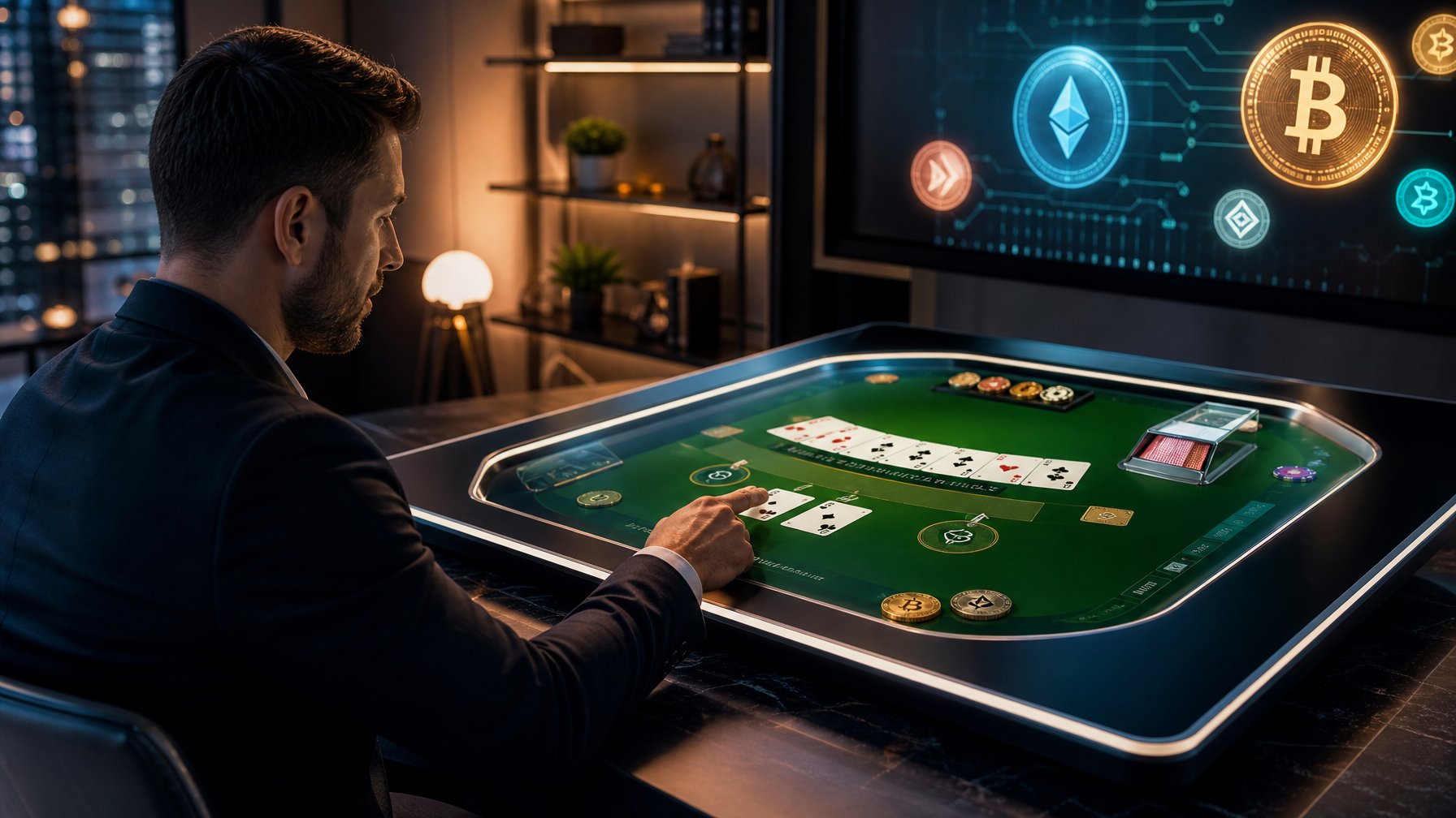 Seorang pemain sedang bermain blackjack online di layar sentuh dengan simbol mata uang kripto di latar belakang.