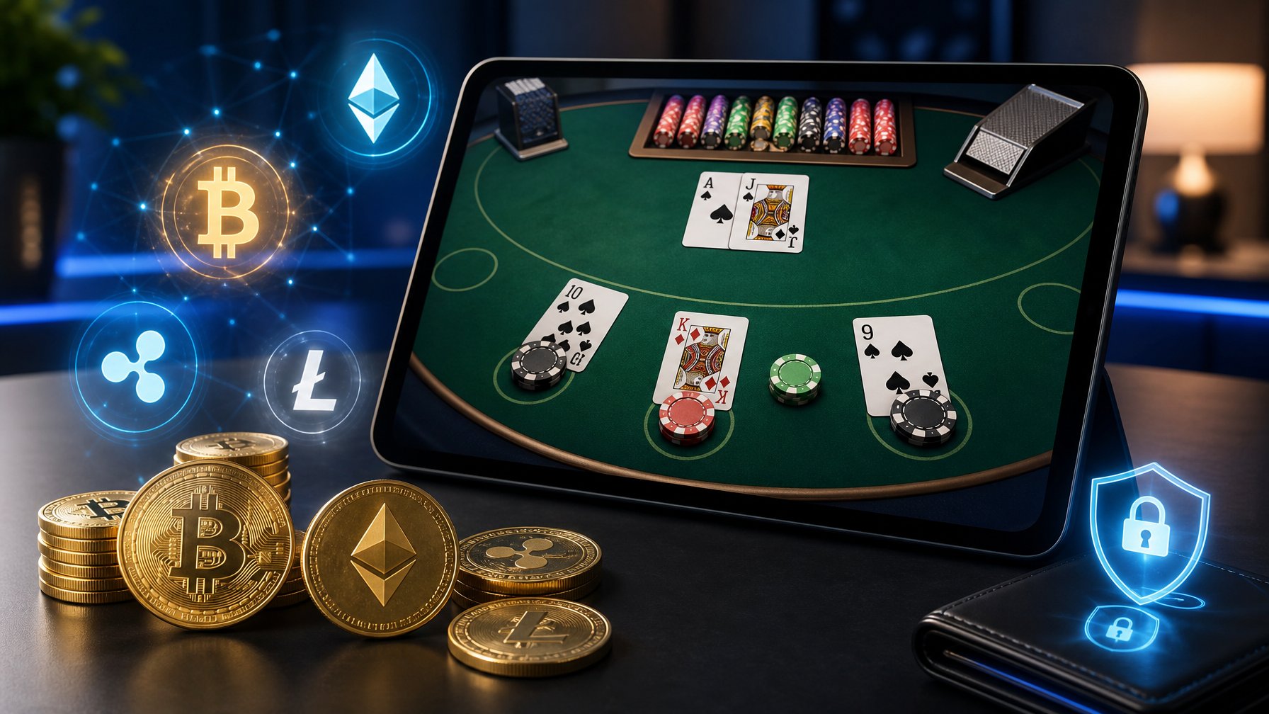 Seorang pria menggunakan komputer dengan tampilan permainan blackjack online dan simbol mata uang kripto di sekitarnya.